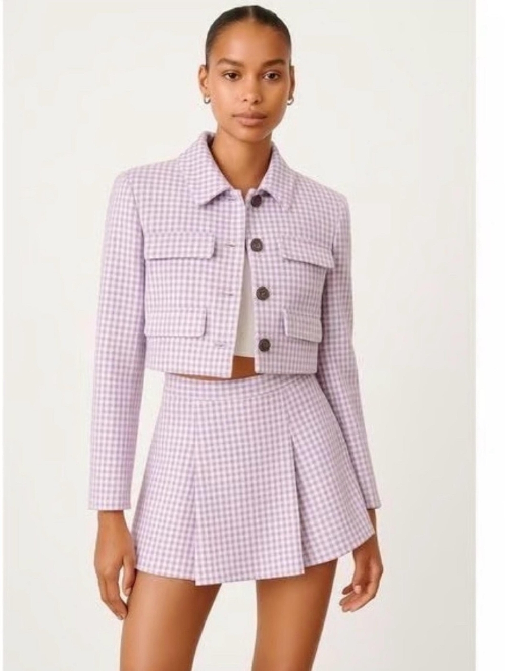 Zara Textured Gingham Cropped Jacket  Purple/White checkhered Preppy coquette 